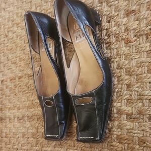 Fabi Vintage Square Toe Black Made In Italy Genuine Leather Thick Heel Size 36